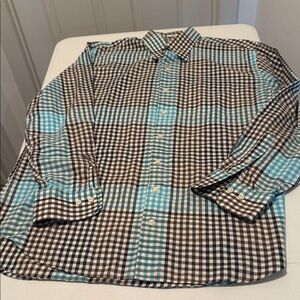 Spring Classic Brown & Blue Checkered Button Down Cotton Relaxed Fit Large